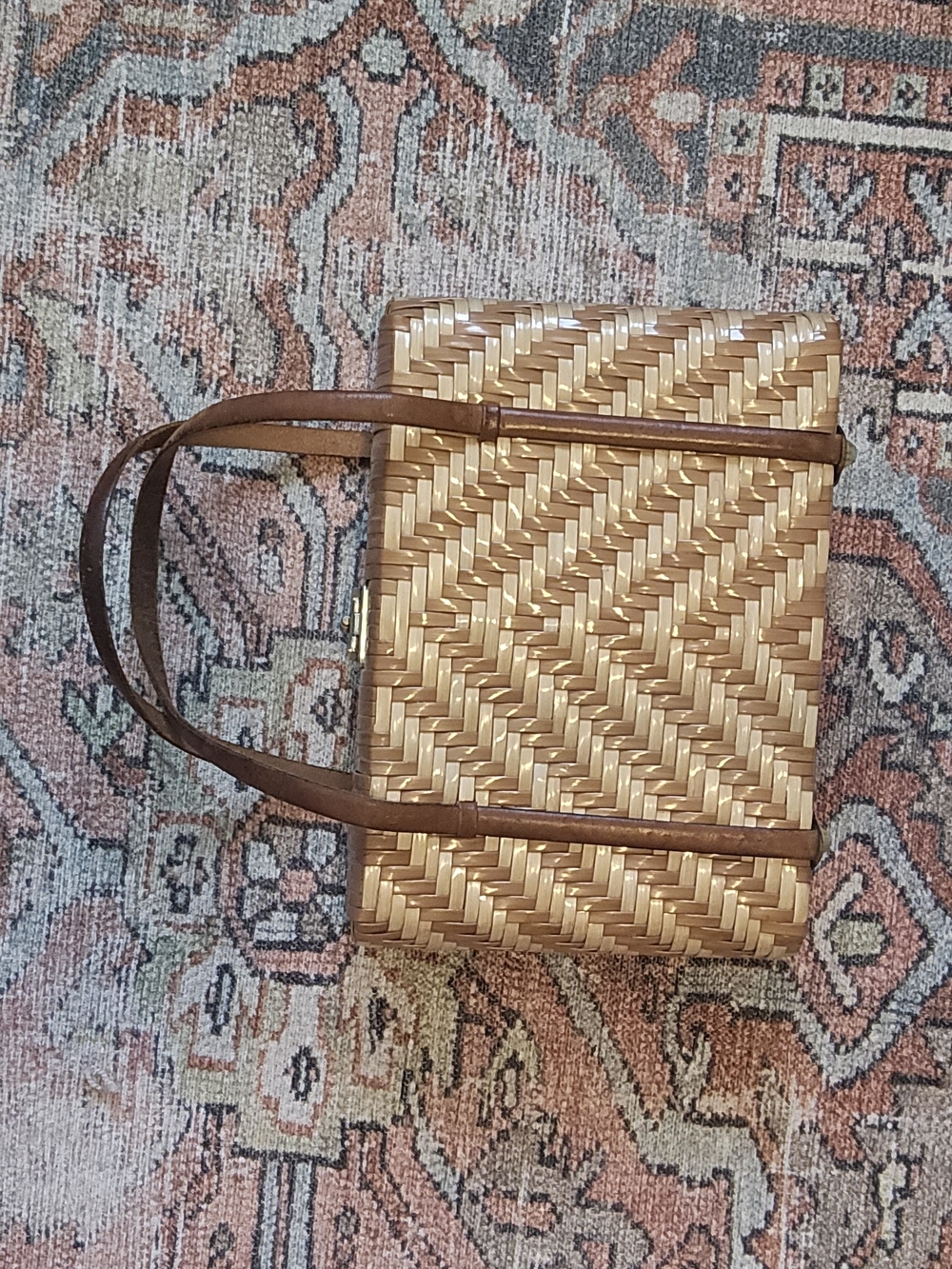 Vintage Woven Straw Tote Bag with Brown Leather Straps